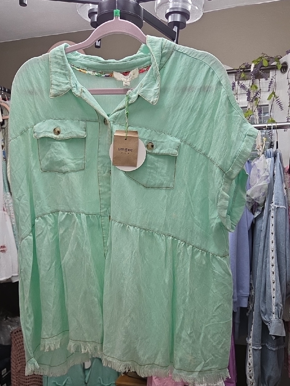 Umgee Mint Button-Front Peplum Tunic
